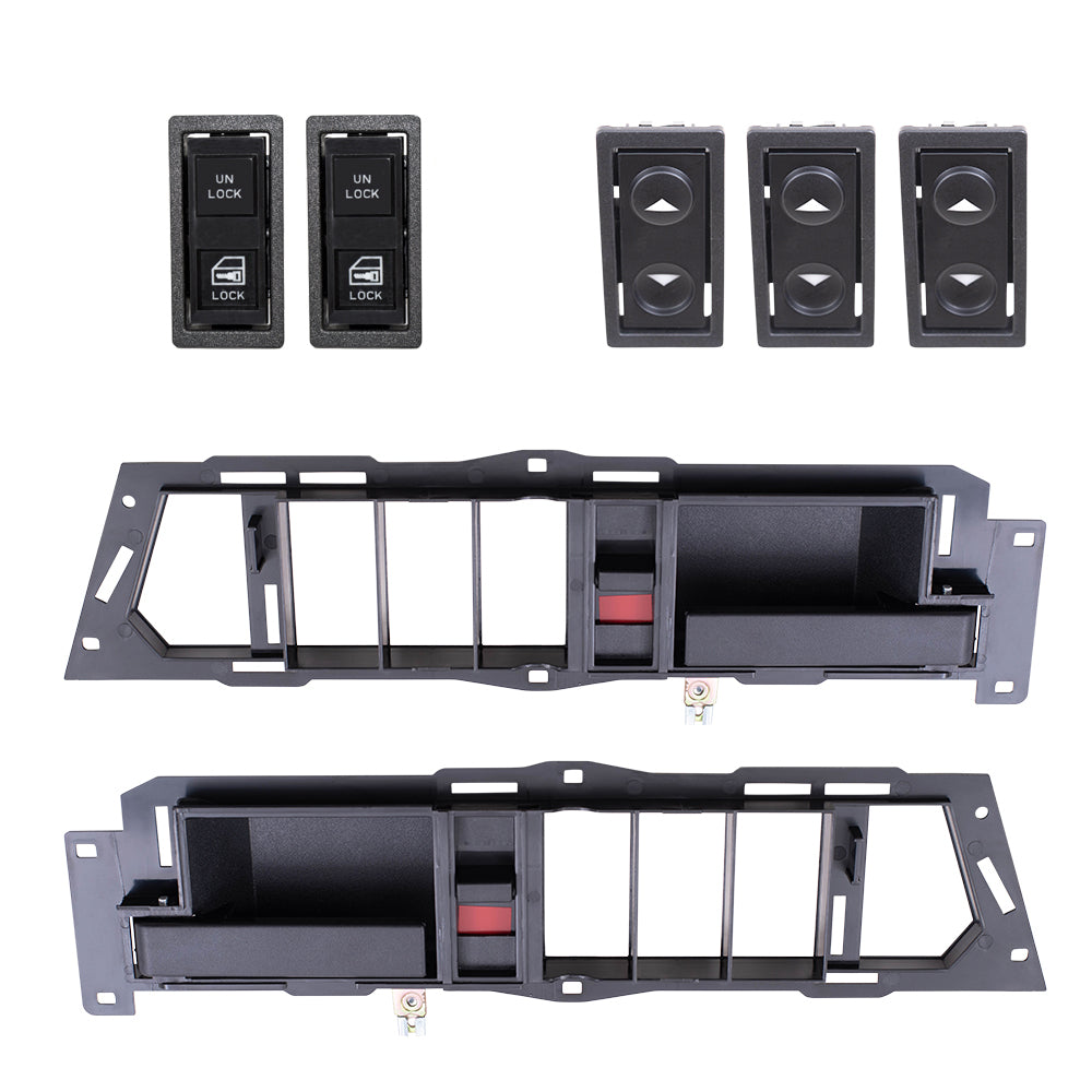 Brock Replacement Driver Left Passenger Right Inside Door Handle With Black Base/Black Lever With Window & Lock Switches 7 Piece Set Compatible With 1988-1989 GM C/K Pickup