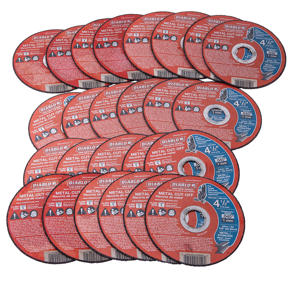 Diablo 4 1/2 Inch Metal Cut-Off Disc .040 Thick - 7/8 Inch Arbor - Type 1 Hub - Thin Kerf Design - Premium Aluminum Oxide Blend For Use On Metal Materials - 13,280 Max Rpm - 25 Pack