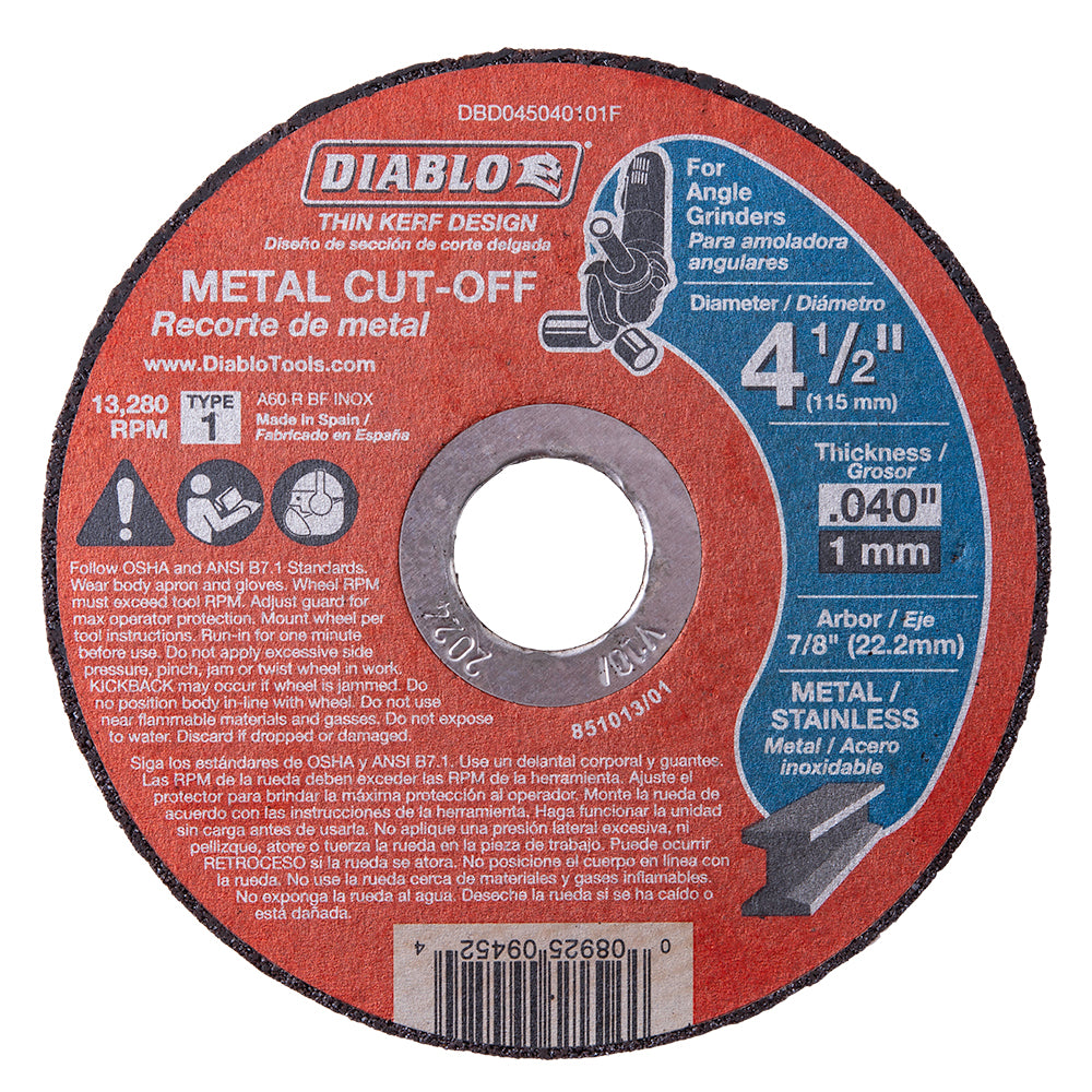 Diablo 4 1/2 Inch Metal Cut-Off Disc .040 Thick - 7/8 Inch Arbor - Type 1 Hub - Thin Kerf Design - Premium Aluminum Oxide Blend For Use On Metal Materials - 13,280 Max Rpm - 25 Pack