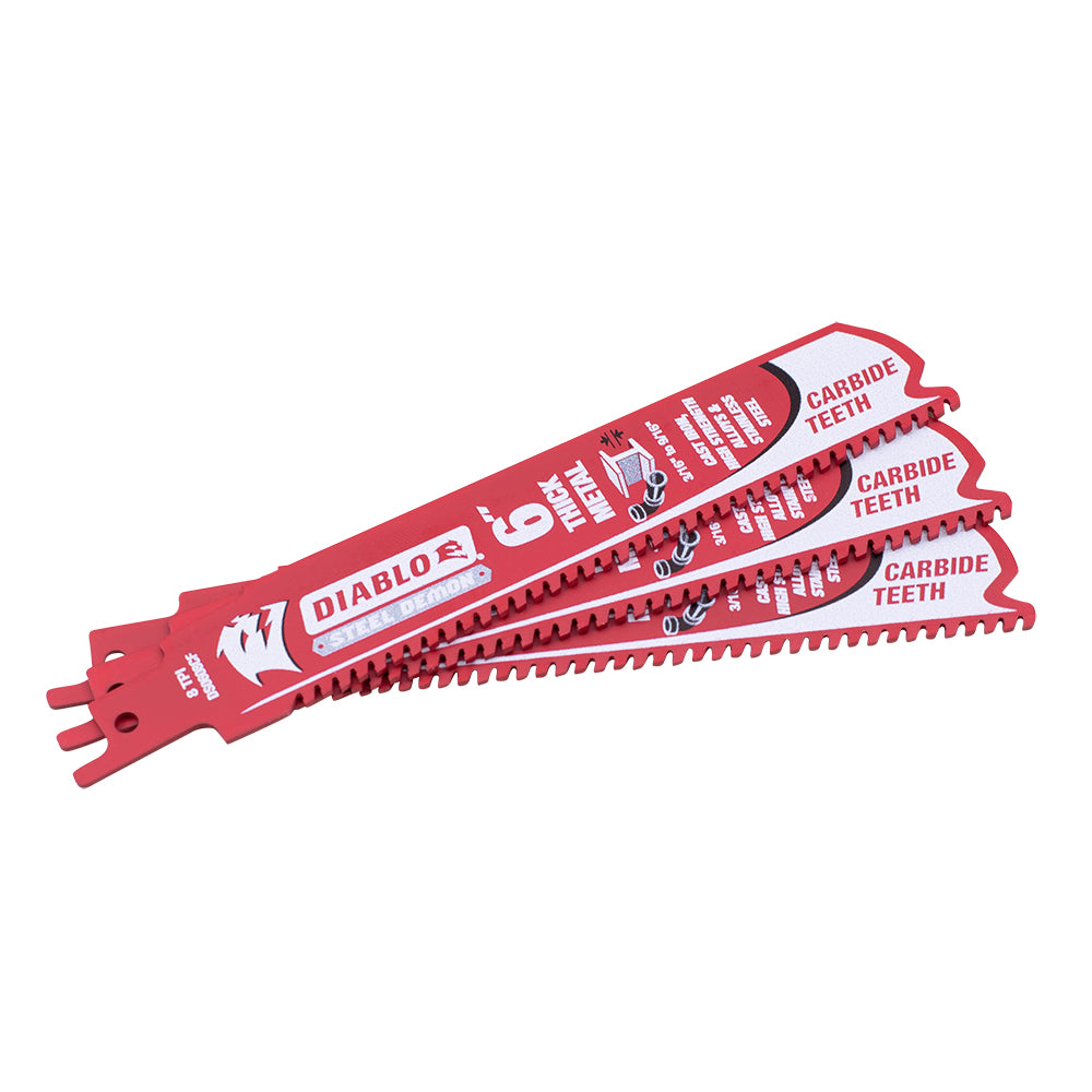 Diablo Steel Demon Carbide Reciprocating Saw Blade For Thick Metal (3/16 Inch to 9/16 Inch) For Boron Steel-Ultra High Strength Steel-Stainless Steel-Cast Iron 6 Inch by 1 Inch 8 TPI 3 Pack