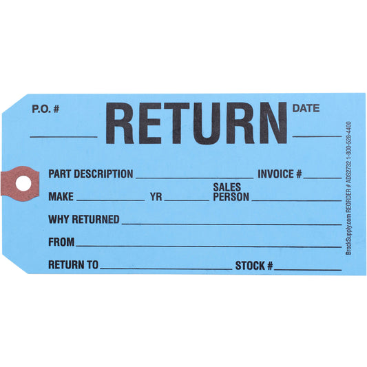 ‘RETURN’ Parts Tag - 5 3/4 Inch x 2 7/8 Inch Powder Blue Heavy Card Stock With Reinforced Eyelet - 250 Tags Per Box