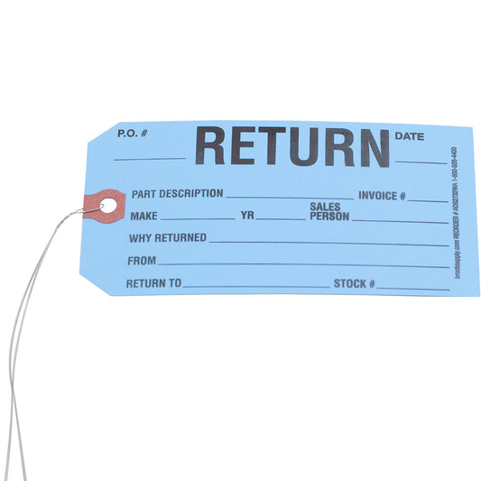 ‘RETURN’ Parts Tag With Wire Attached - 5 3/4 Inch x 2 7/8 Inch Powder Blue Heavy Card Stock With Reinforced Eyelet - Includes Pen - 250 Tags Per Box