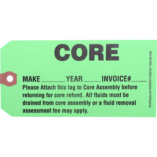 ‘CORE’ Parts Tag - 5 3/4 Inch x 2 7/8 Inch Bright Green Heavy Card Stock With Reinforced Eyelet - 250 Tags Per Box