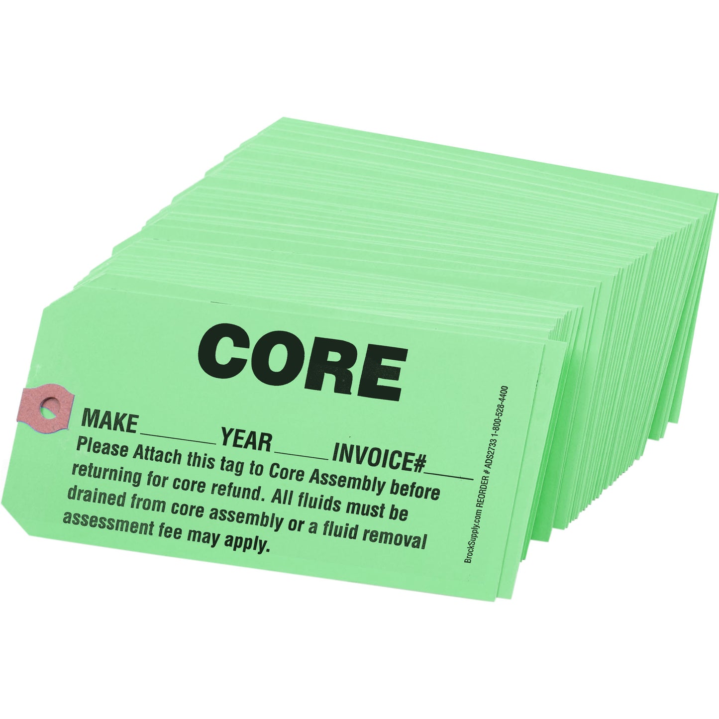 ‘CORE’ Parts Tag - 5 3/4 Inch x 2 7/8 Inch Bright Green Heavy Card Stock With Reinforced Eyelet - 250 Tags Per Box