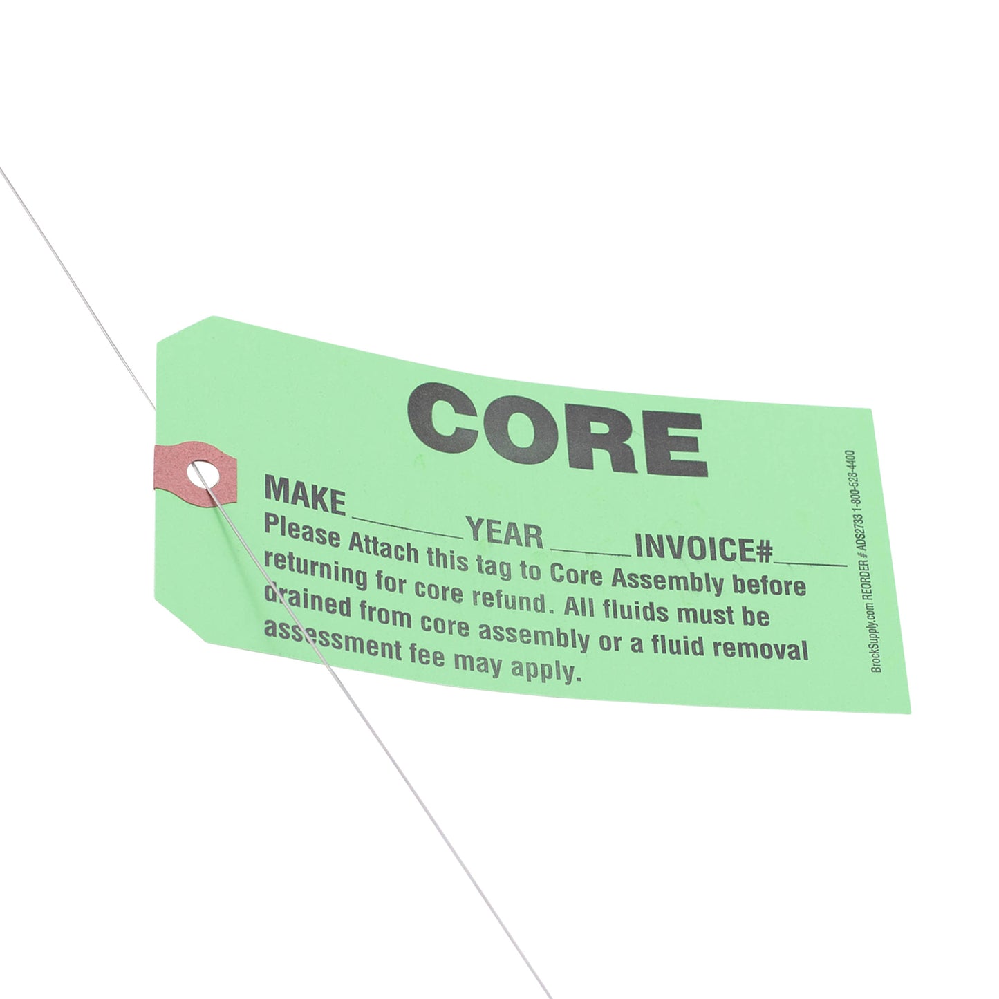 ‘CORE’ Parts Tag With Wire Attached - 5 3/4 Inch x 2 7/8 Inch Bright Green Heavy Card Stock With Reinforced Eyelet- Includes Pen - 250 Tags Per Box
