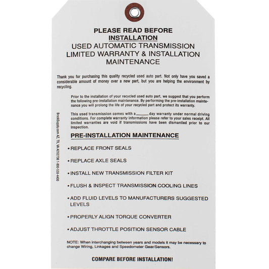 ‘USED AUTOMATIC TRANSMISSION LIMITED WARRANTY & INSTALLATION MAINTENANCE’ Parts Tag 7 1/4 Inch x 4 Inch White Heavy Card Stock With Reinforced Eyelet - 500 Tags Per Box