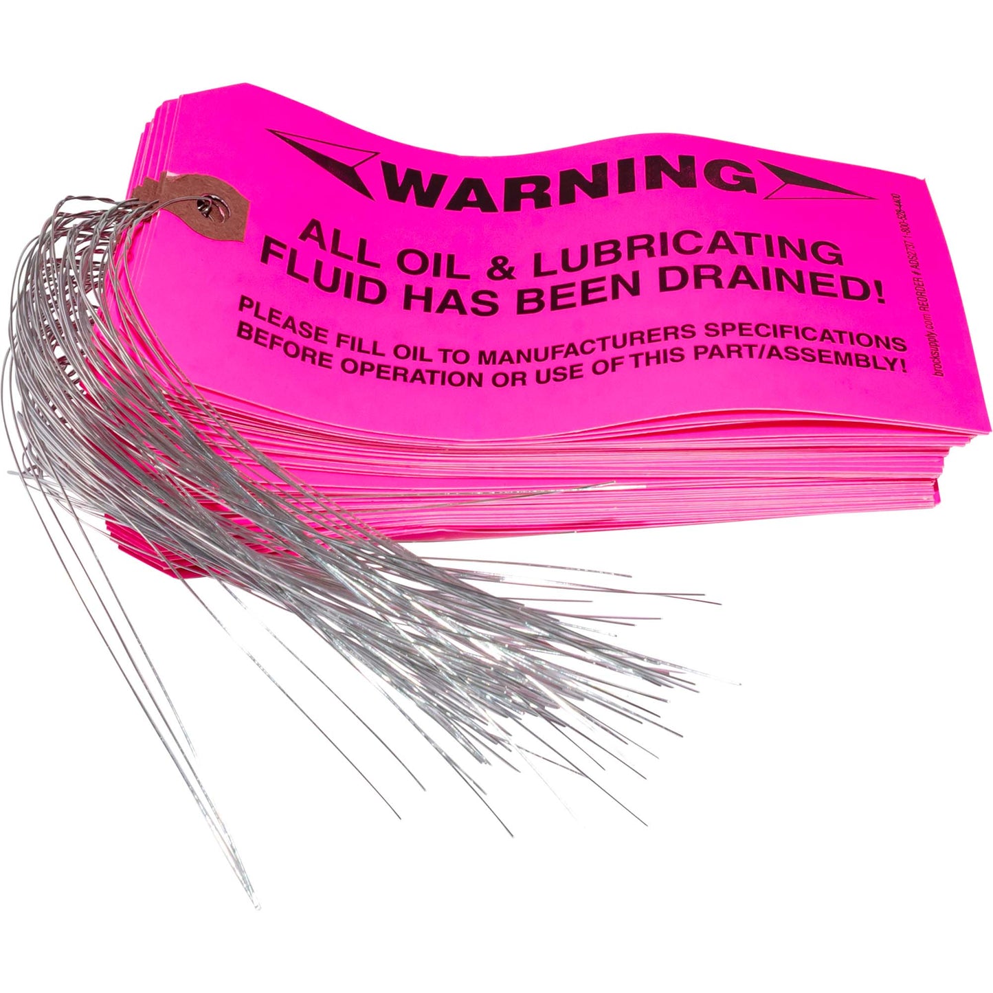 'WARNING – ALL OIL - LUBRICATING FLUID HAS BEEN DRAINED!’ Parts Tag With Wire Attached - 5 3/4 Inch x 2 7/8 Inch Pink Heavy Card Stock With Reinforced Eyelet - Includes Pen - 250 Tags Per Box