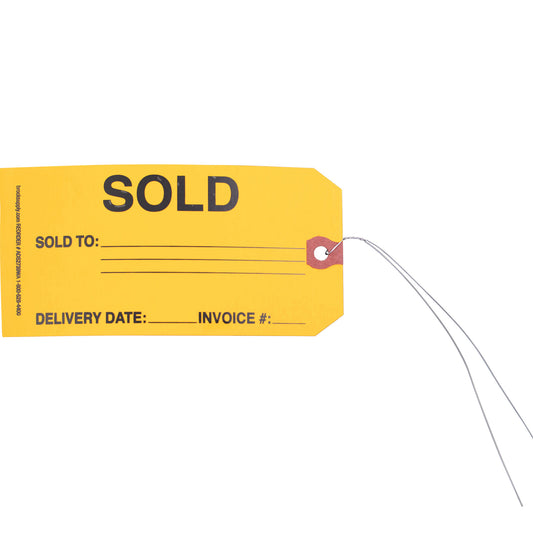 ‘SOLD’ Parts Tag With Wire Attached - 5 3/4 Inch x 2 7/8 Inch Yellow Heavy Card Stock With Reinforced Eyelet- Includes Pen - 250 Tags Per Box