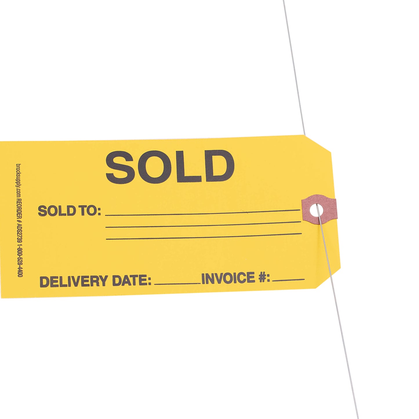 ‘SOLD’ Parts Tag With Wire Attached - 5 3/4 Inch x 2 7/8 Inch Yellow Heavy Card Stock With Reinforced Eyelet- Includes Pen - 250 Tags Per Box