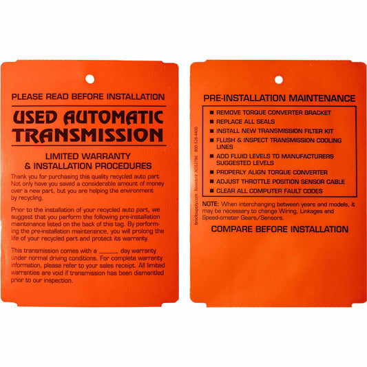 250 Pc Box "Used Automatic Transmission" Pre-Installation Tags 4" x 5 1/2" Weatherproof Polysteel Label for Auto Shop Repair Salvage Recycling