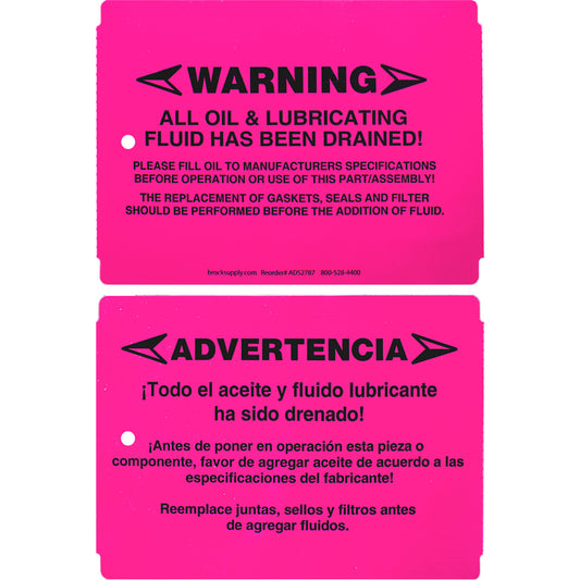 250 Pc Box Pink "Warning - Fluids Drained" Pre-Installation Tags 4" x 5 1/2" Weatherproof Polysteel Labels for Auto Repair Shop Salvage