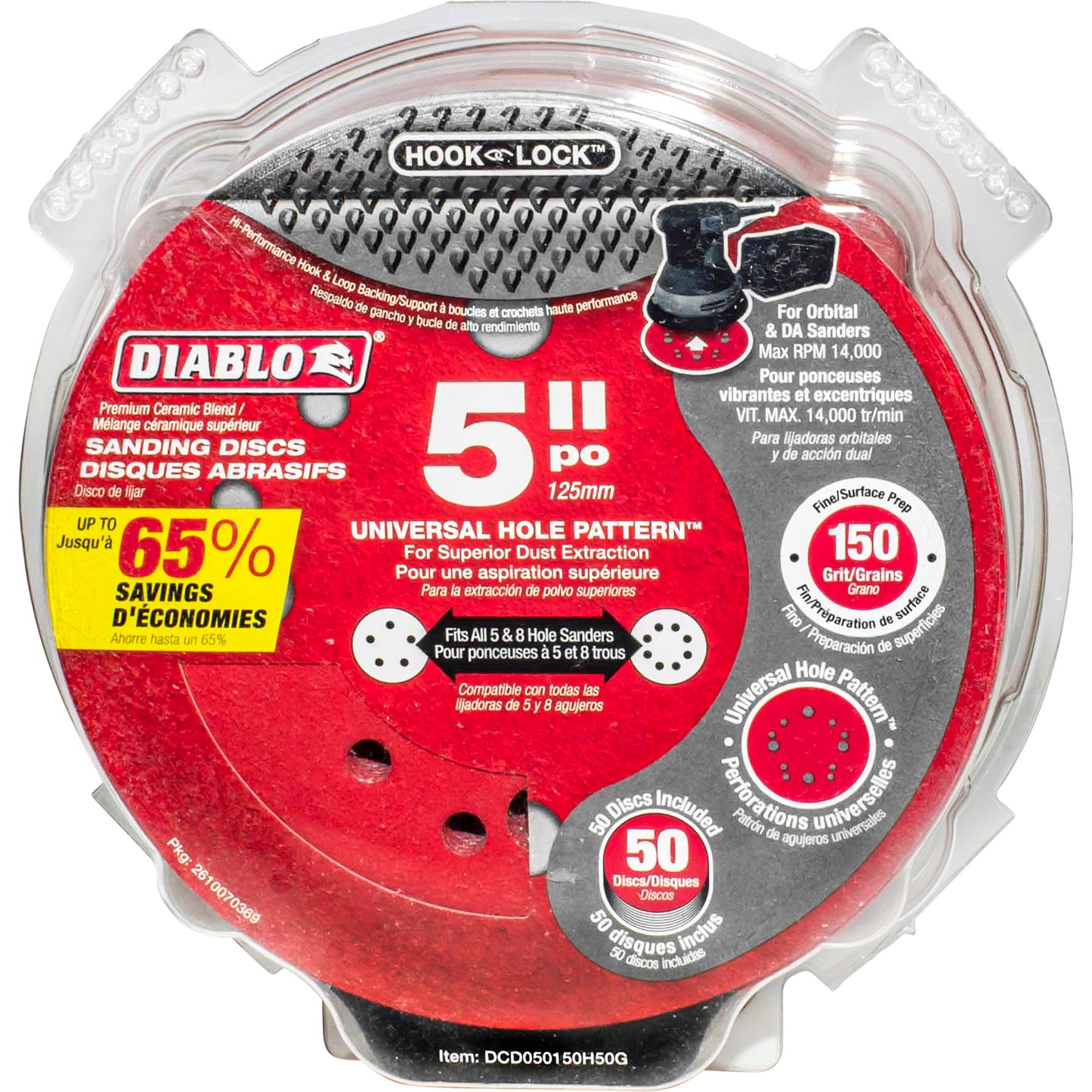 Diablo 5 Inch 150-Grit Hook-Lock Sanding Discs 50 Piece Pack