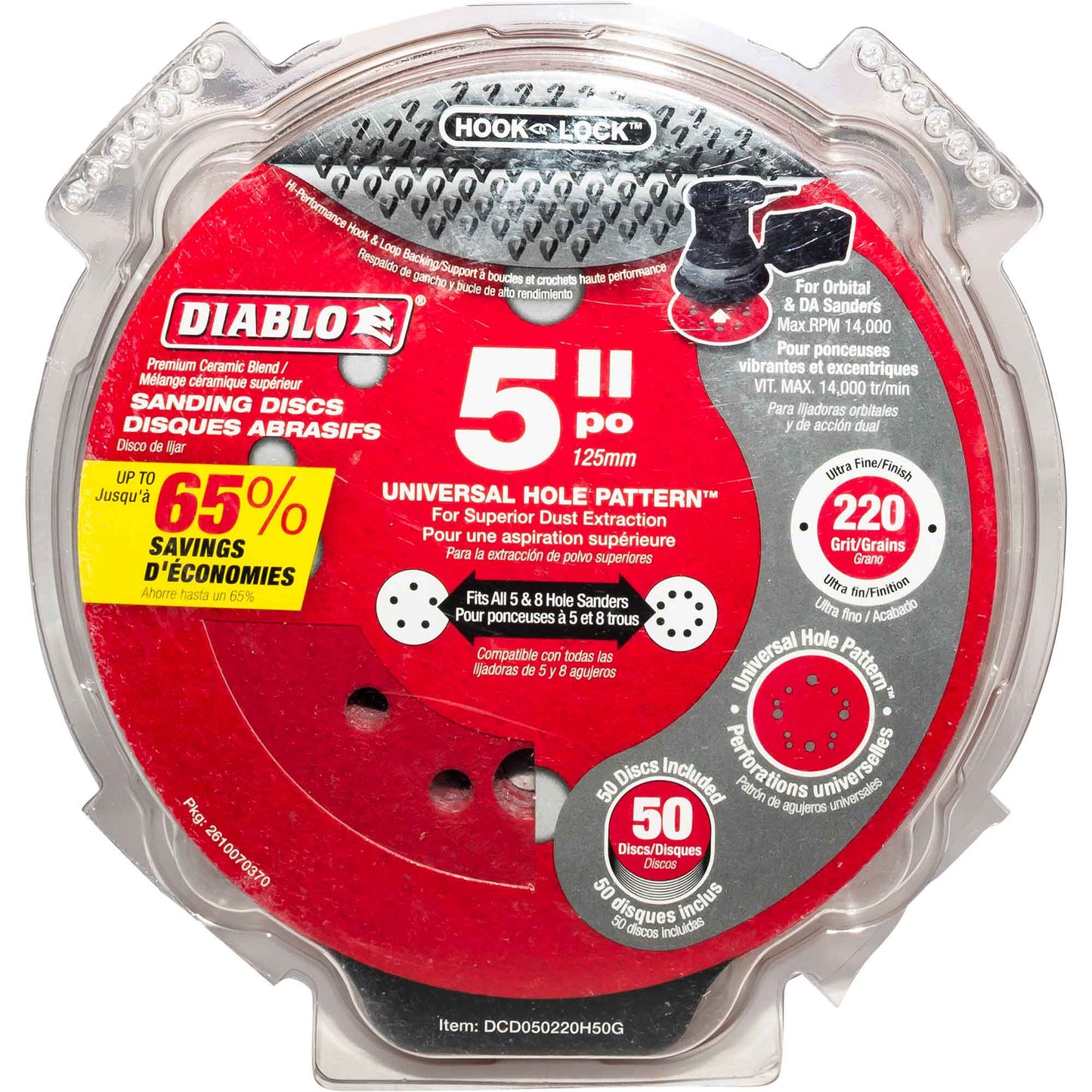 Diablo 5 Inch 220-Grit Hook-Lock Sanding Discs 50 Piece Pack
