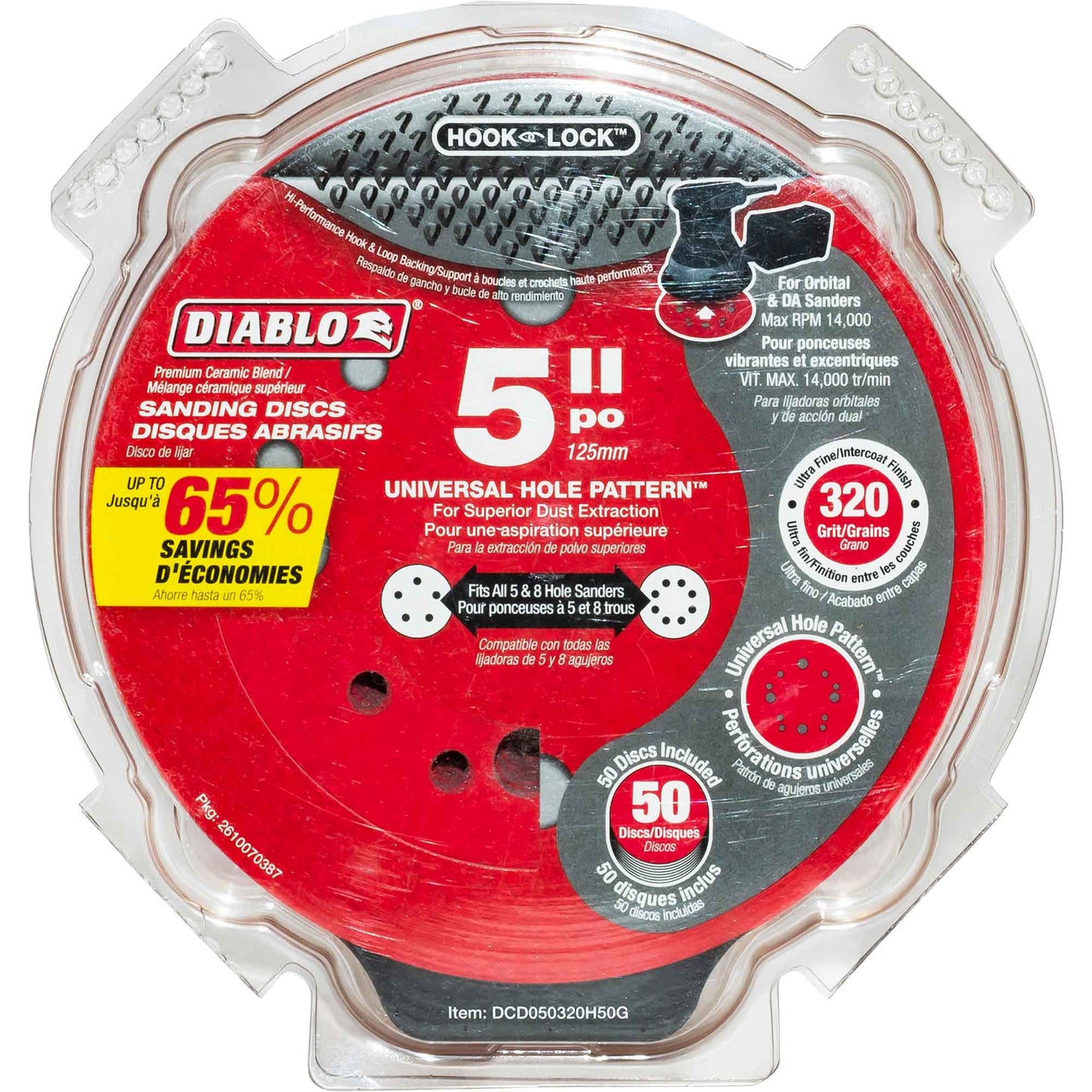 Diablo 5 Inch 320-Grit Hook & Lock ROS Sanding Discs 50 Piece Pack