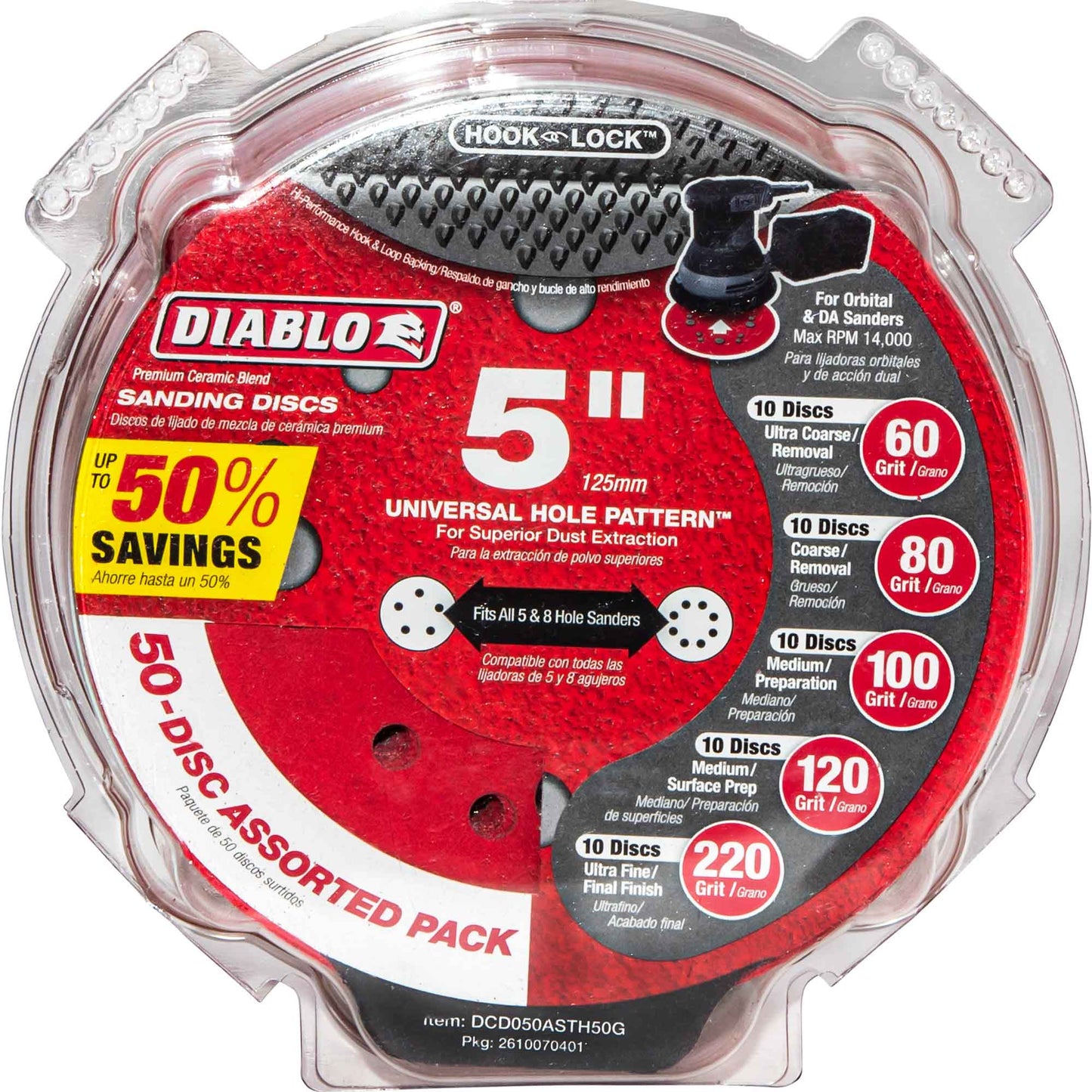 Diablo 5 Inch Assorted Hook-Lock Sanding Discs 50 Pack