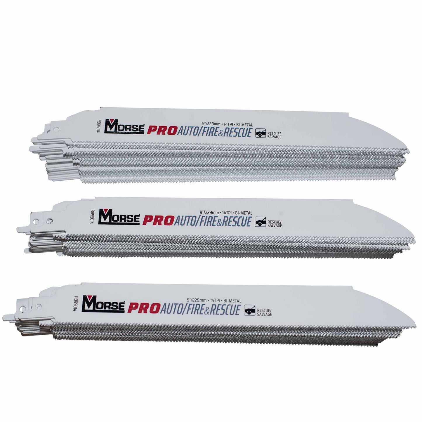 Morse PRO Auto/Fire & Rescue Bi-Metal Reciprocating Saw Blades For Automotive Salvage/Fire and Rescue - Medium Metal (1/8 Inch - 3/8 Inch) 9 Inch x 1 Inch x 0.050 Inch 14 TPI 100 Pack