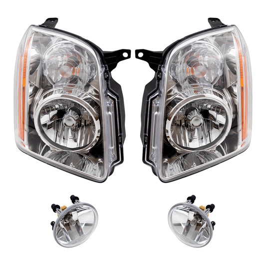 Brock Aftermarket Replacement Part Driver and Passenger Side Halogen Combination Headlight Assemblies & Fog Light Assemblies without Bezel Set Compatible with 2007-2014 GMC Yukon
