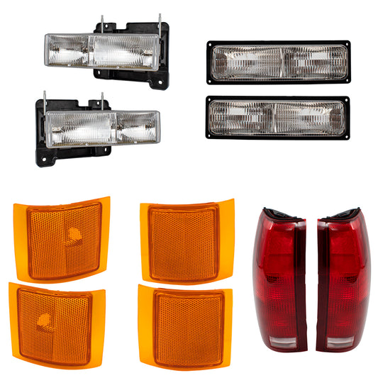 10 Pc Set Composite Headlights, Tail Lights and Side Marker Lights Compatible with 1994-1999 C/K Old Body Style Pickup