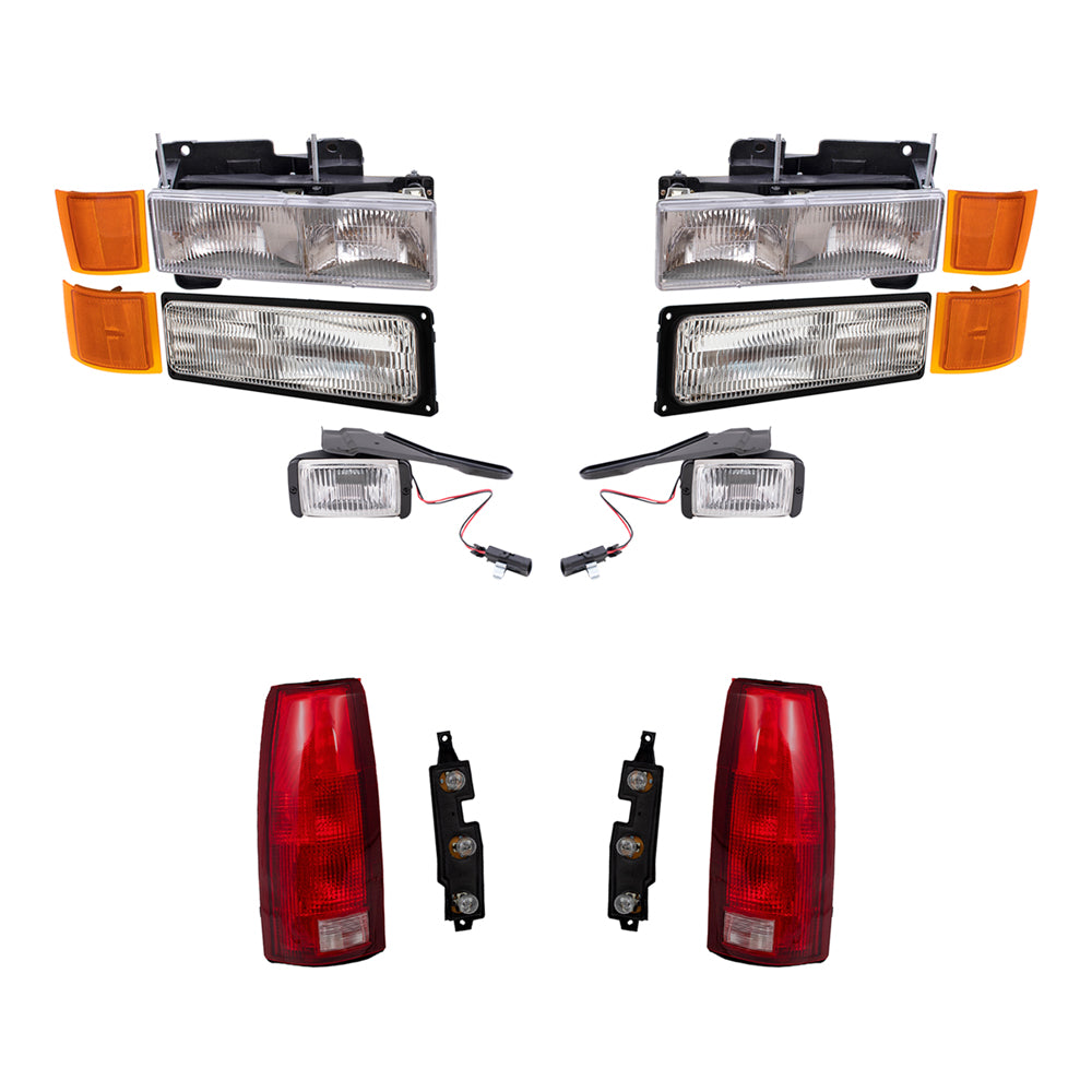 Brock Replacement Halogen Composite Headlights, Park/Signal Lights, Upper & Lower Side Marker Lights, Fog Lights and Tail Lights 12 Piece Set Compatible with 1994-1997 C/K Trucks