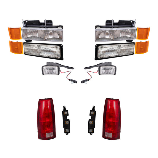 Brock Replacement Halogen Composite Headlights, Park/Signal Lights, Upper & Lower Side Marker Lights, Fog Lights and Tail Lights 12 Piece Set Compatible with 1994-1997 C/K Trucks