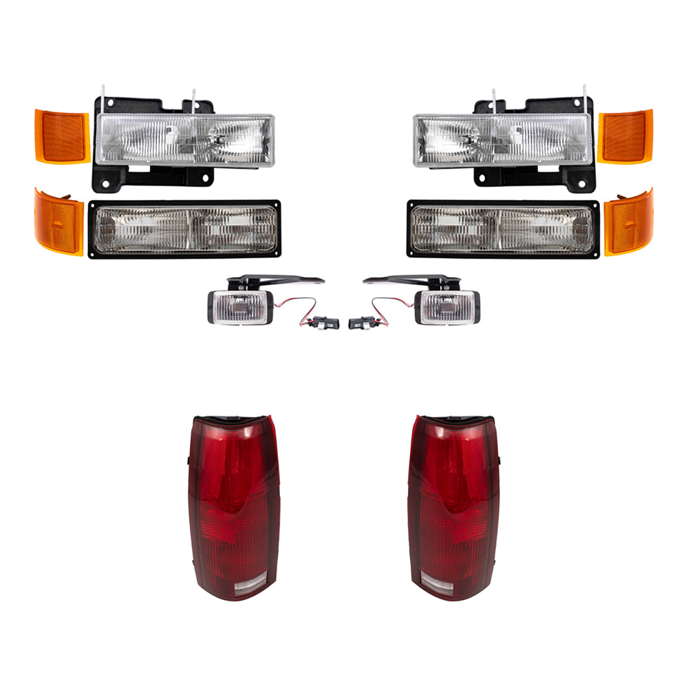 Brock Replacement Halogen Composite Headlights, Park/Signal Lights, Upper & Lower Side Marker Lights, Fog Lights and Tail Lights 12 Piece Set Compatible with 1994-1997 C/K Trucks