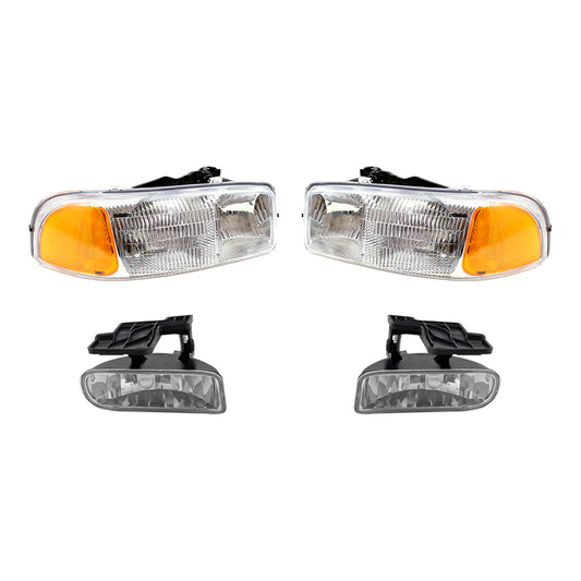 Brock Replacement 4 Pc Set Halogen Headlights with Fog Lights Compatible with 1999-2006 Sierra 2007 Sierra Classic Pickup Truck