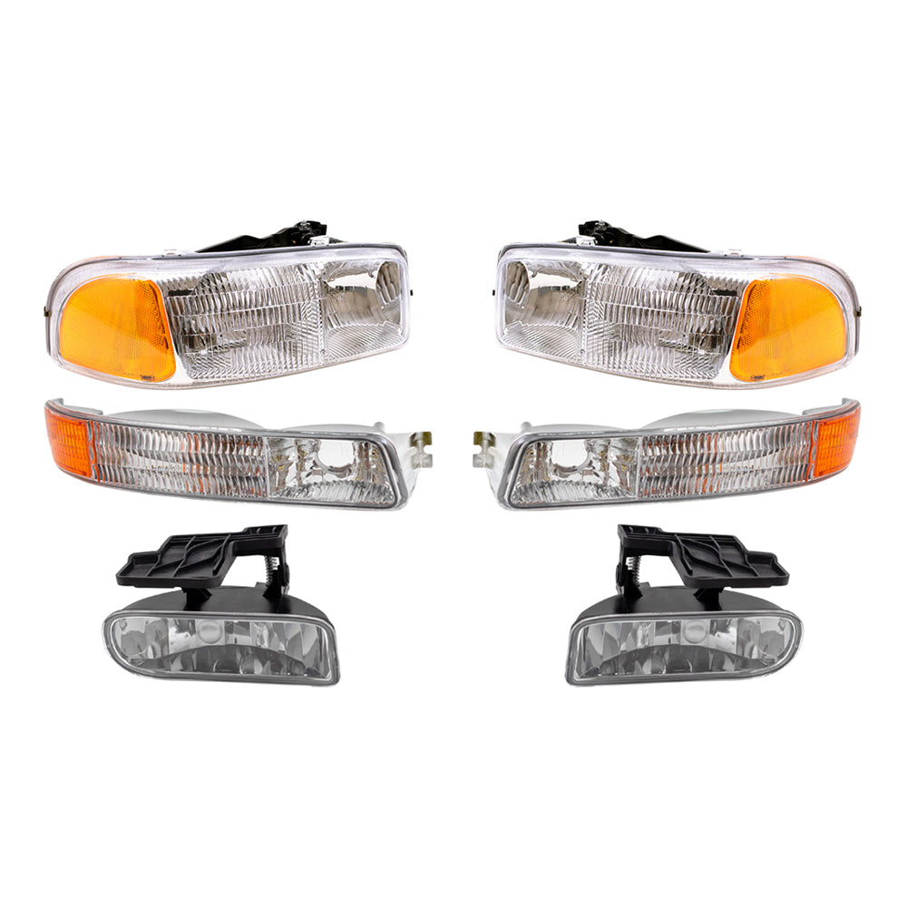 1999-2006 GMC Sierra 2007 Sierra Classic Pickup Truck 2000-2006 Yukon & XL 6 Piece Set Halogen Headlights Signal Marker Lights & Fog Lights