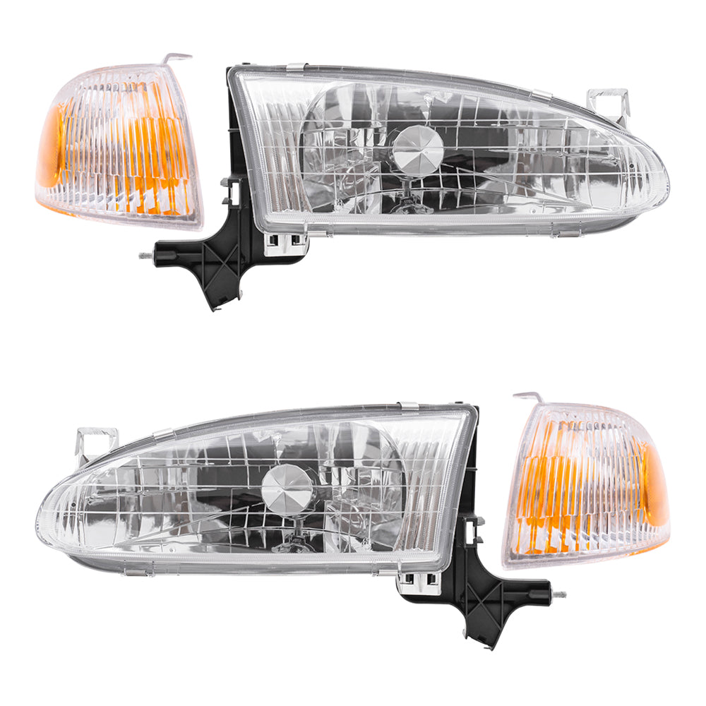 Brock Replacement Driver and Passenger Side Halogen Headlight Assemblies and Signal Light Assemblies 4 Piece Set Compatible with 1998-2002 Prizm