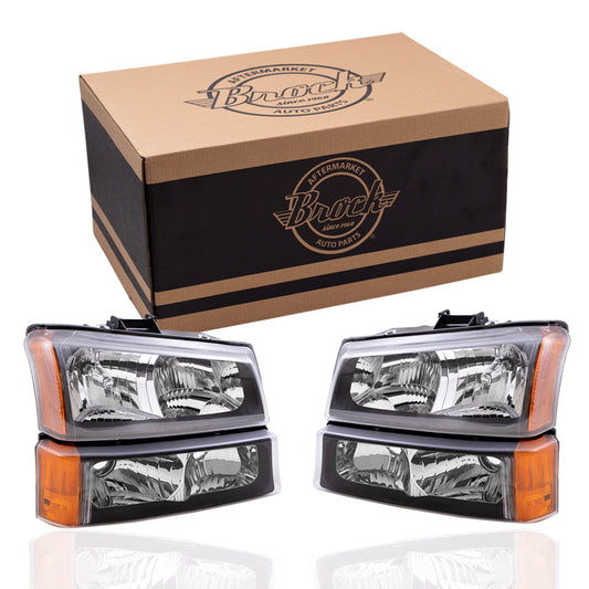 Brock Replacement Performance Set Headlights & Park Signal Lights with Black Bezel Compatible with 2003-2006 Avalanche Silverado Pickup Truck