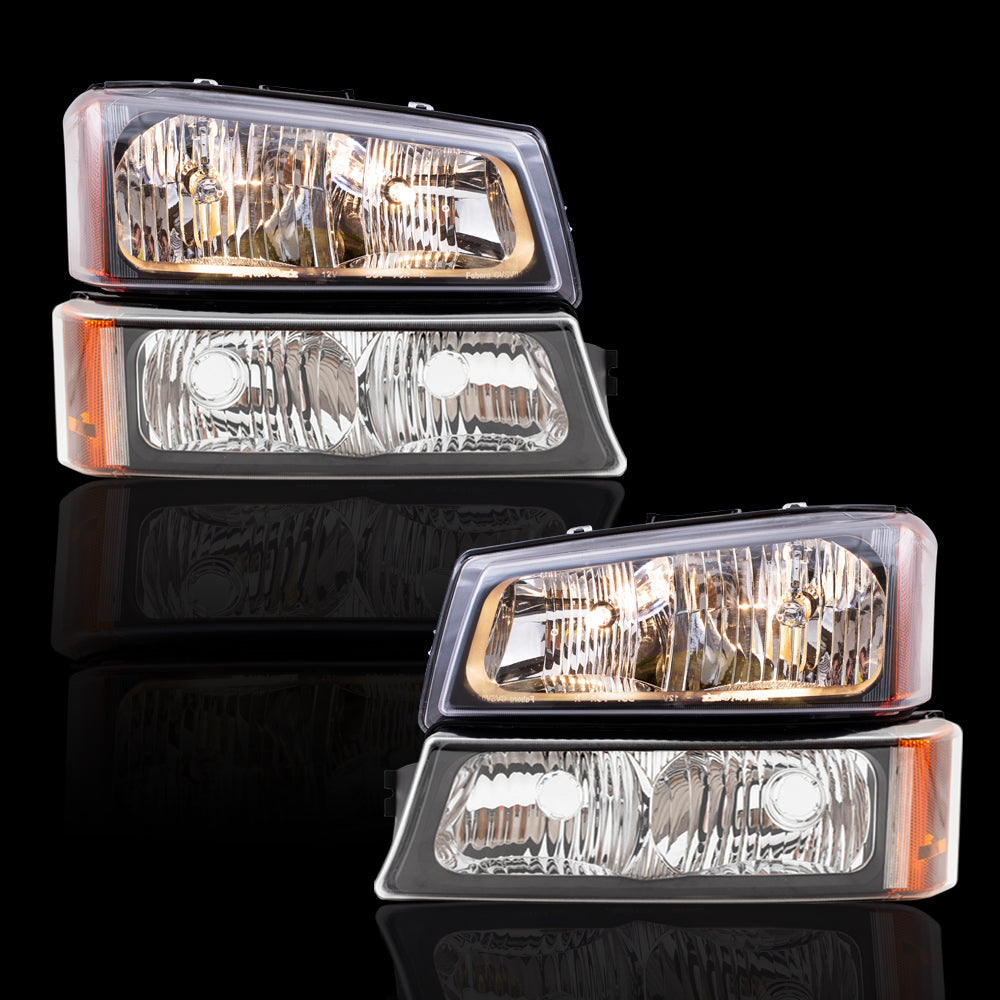Brock Replacement Performance Set Headlights & Park Signal Lights with Black Bezel Compatible with 2003-2006 Avalanche Silverado Pickup Truck