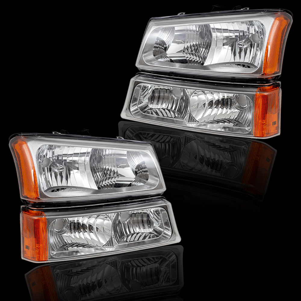 Brock Replacement Performance Set Headlights & Park Signal Lights with Chrome Bezels Compatible with 2003-2006 Avalanche Silverado Pickup Truck