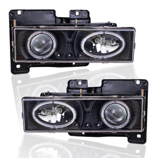 Brock Aftermarket Replacement Front Driver Left Passenger Right Composite Type Performance Headlight Set Black Bezel With Projector-Halo-LED DRL Compatible with 1988-2000 GM C/K Pickup