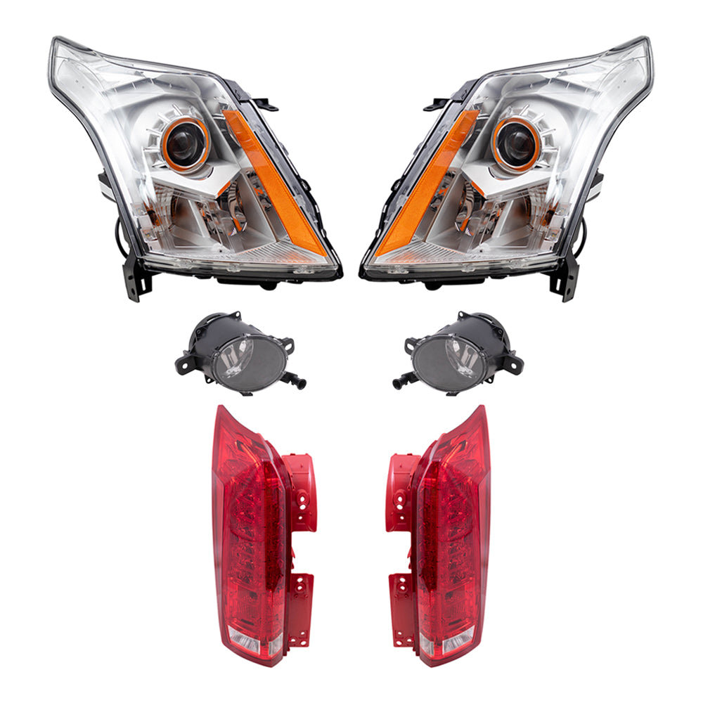 Brock Replacement Driver and Passenger Side Halogen Combination Headlight, Fog Light and Tail Light Assemblies 6 Piece Set Compatible with 2010-2013 SRX