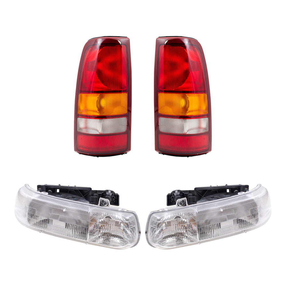 Brock Replacement Halogen Headlight Assembly and Fleetside Tail Light Unit 4 Piece Set Compatible with 99-02 Silverado 1500/2500