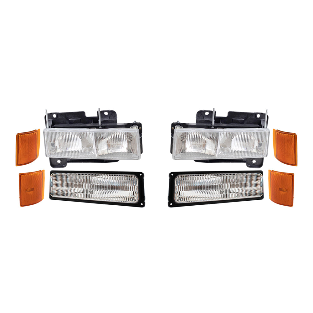 8 Piece Replacement Front Lighting Set With Composite Halogen Headlights-Park/Signal Lights-Upper & Lower Side Marker Lights Driver Left Passenger Right For 1994-2002 GMC C/K Pickup 1994-1999 GMC Yukon 1994-1999 GMC Suburban