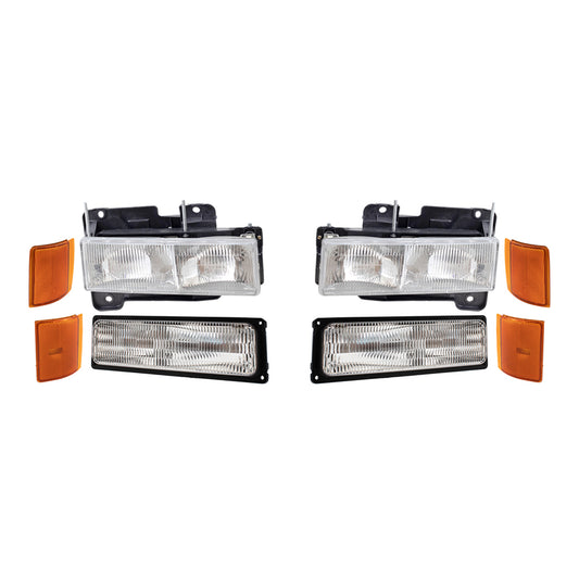 8 Piece Replacement Front Lighting Set With Composite Halogen Headlights-Park/Signal Lights-Upper & Lower Side Marker Lights Driver Left Passenger Right For 1994-2002 GMC C/K Pickup 1994-1999 GMC Yukon 1994-1999 GMC Suburban
