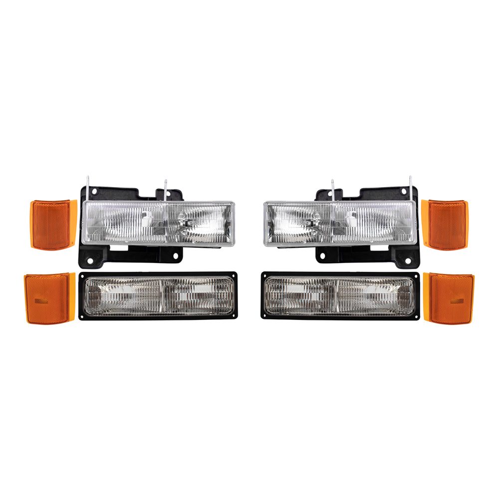 8 Piece Replacement Front Lighting Set With Composite Halogen Headlights-Park/Signal Lights-Upper & Lower Side Marker Lights Driver Left Passenger Right For 1994-2002 GMC C/K Pickup 1994-1999 GMC Yukon 1994-1999 GMC Suburban