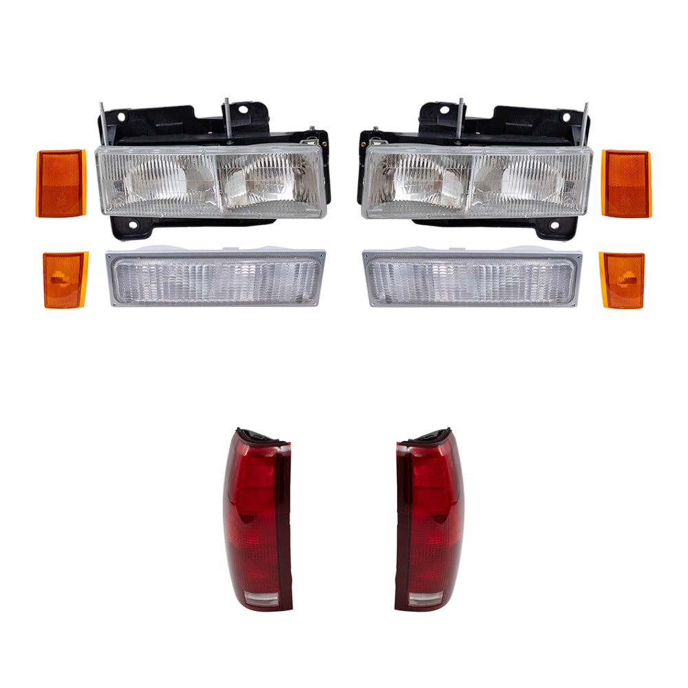 Headlights, Signal Marker Lights, Upper Side Marker Reflectors, Lower Side Marker Lights and Tail Lights 10 Piece Set Compatible with 1990-1993 C/K Trucks & 1992-1993 Suburban/Blazer