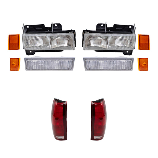 Headlights, Signal Marker Lights, Upper Side Marker Reflectors, Lower Side Marker Lights and Tail Lights 10 Piece Set Compatible with 1990-1993 C/K Trucks & 1992-1993 Suburban/Blazer