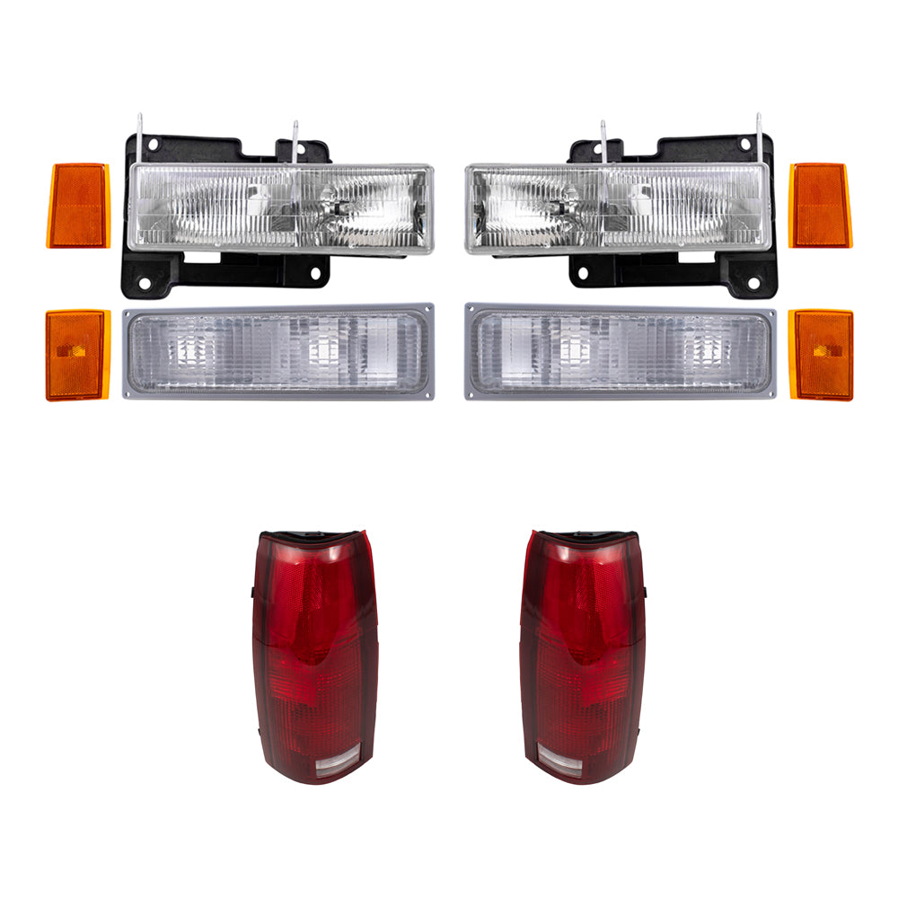 Headlights, Signal Marker Lights, Upper Side Marker Reflectors, Lower Side Marker Lights and Tail Lights 10 Piece Set Compatible with 1990-1993 C/K Trucks & 1992-1993 Suburban/Blazer