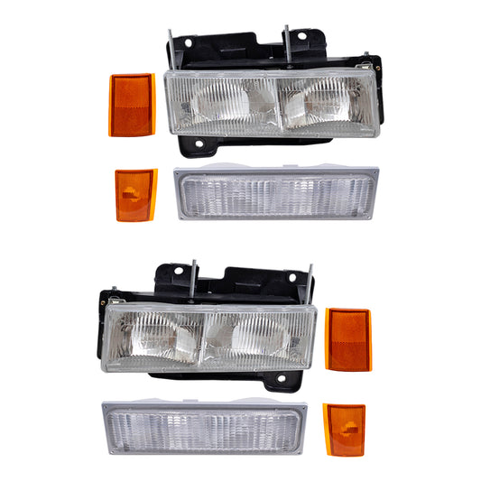 Composite Headlights, Park Signal Marker Light Units, Upper Side Marker Reflectors & Lower Side Marker Light Units 8 Piece Set Compatible with 1990-1993 C/K Trucks