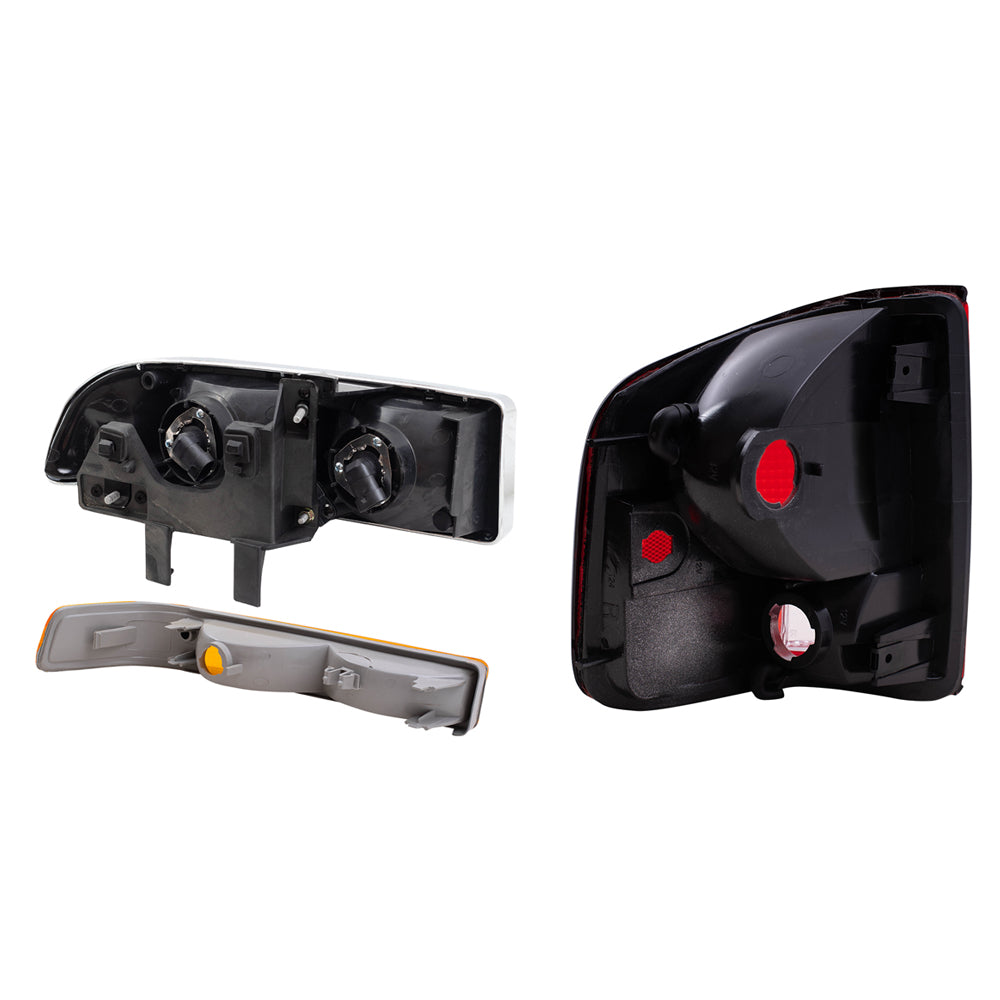 Brock Replacement Driver and Passenger Side Headlights, Park Signal Lights without Fog Lights and Tail Lights with Black Edge 6 Piece Set Compatible with 1998-2004 S10