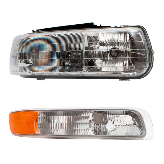 Brock Replacement Passenger Headlight with Side Signal Light Compatible with 1999-2002 Silverado Pickup Truck 16526134 15199559