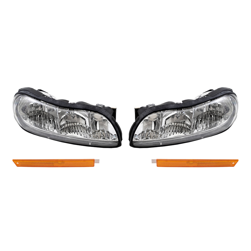 Brock Replacement Driver and Passenger Side Halogen Combination Headlight Assemblies and Side Marker Light Units Compatible with 1997-2003 Malibu/ 2004-2005 Malibu Classic/ 1997-1999 Cutlass