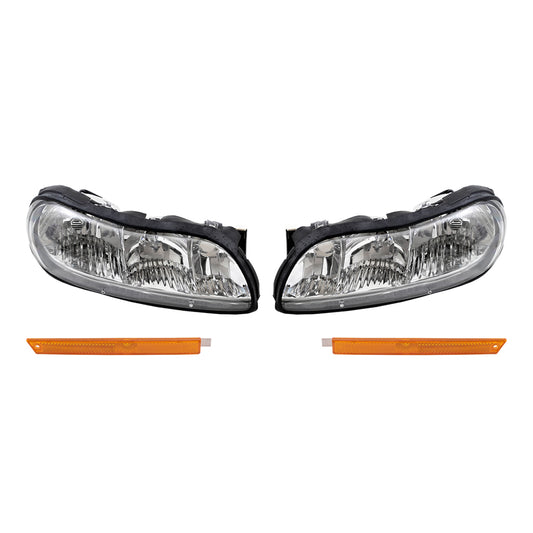 Brock Replacement Driver and Passenger Side Halogen Combination Headlight Assemblies and Side Marker Light Units Compatible with 1997-2003 Malibu/ 2004-2005 Malibu Classic/ 1997-1999 Cutlass
