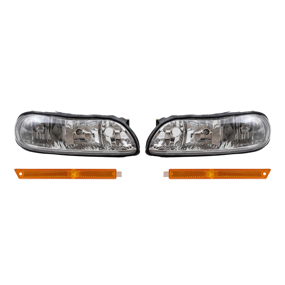 Brock Replacement Driver and Passenger Side Halogen Combination Headlight Assemblies and Side Marker Light Units Compatible with 1997-2003 Malibu/ 2004-2005 Malibu Classic/ 1997-1999 Cutlass