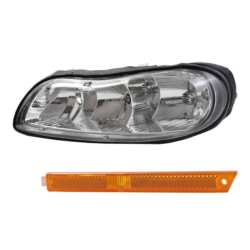 Brock Replacement Driver and Passenger Side Halogen Combination Headlight Assemblies and Side Marker Light Units Compatible with 1997-2003 Malibu/ 2004-2005 Malibu Classic/ 1997-1999 Cutlass