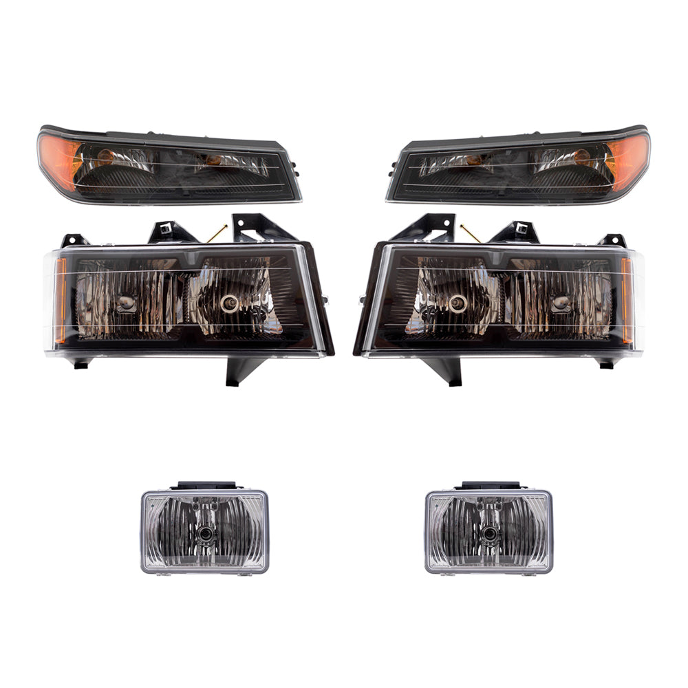 Brock Replacement Driver and Passenger Side Headlights, Park Signal Lights and Fog Lights 6 Piece Set Compatible with 2004-2012 Colorado/Canyon