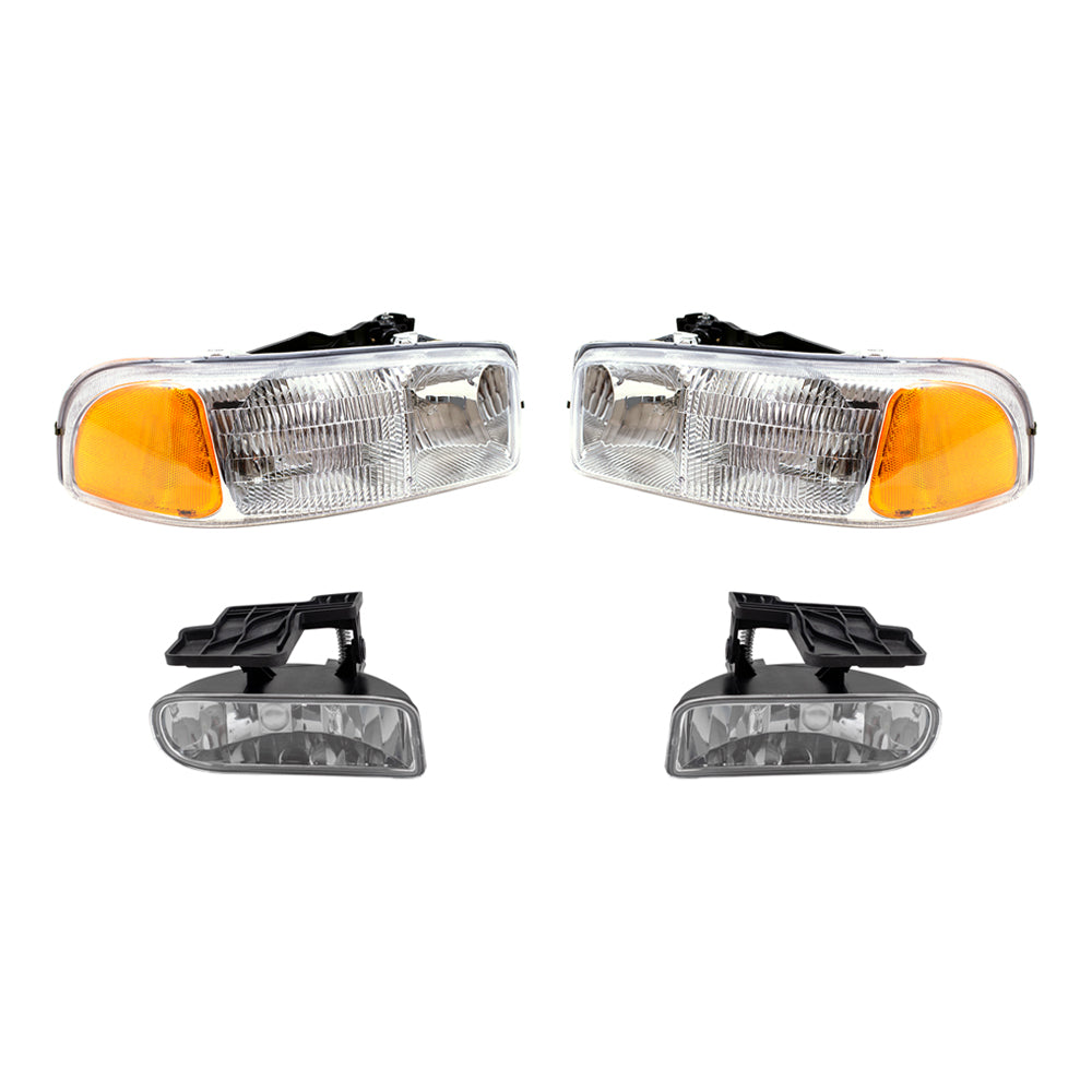 Brock Replacement Driver and Passenger 4 Pc Set Headlights with Fog Lights Compatible with 1999-2002 Sierra Pickup Truck
