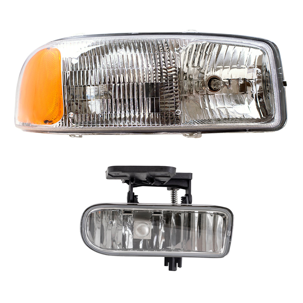 Brock Replacement Driver and Passenger 4 Pc Set Headlights with Fog Lights Compatible with 1999-2002 Sierra Pickup Truck
